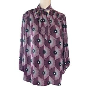 BYdesign Mod Geometric Tie Neck Blouse in Burgundy Sz 2X Corporatecore C…